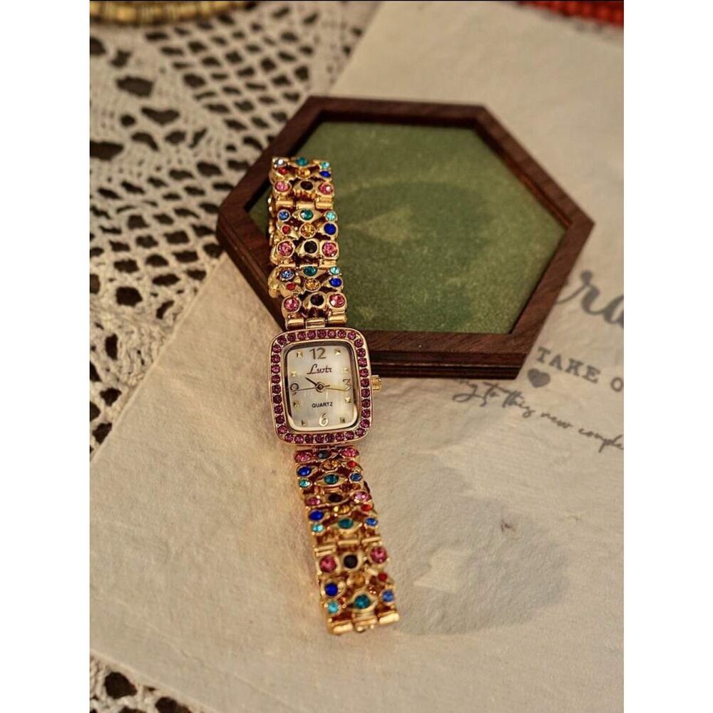 Women’s Gold And Rainbow Crystal Vintage Square Watch